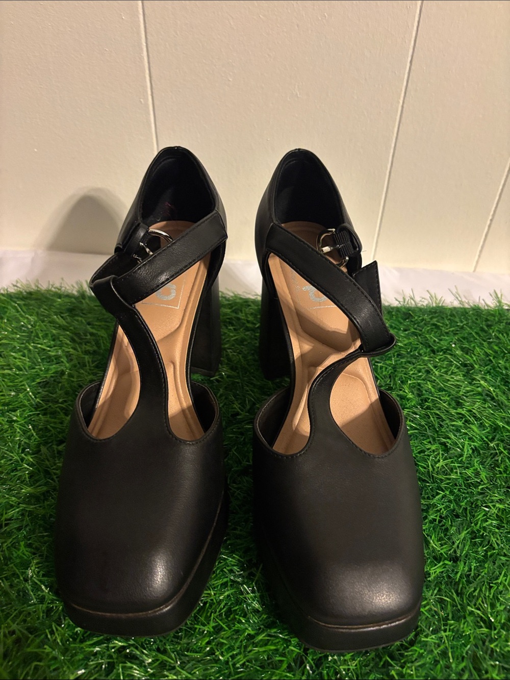 Black Cross-Strap Block Heel Pumps